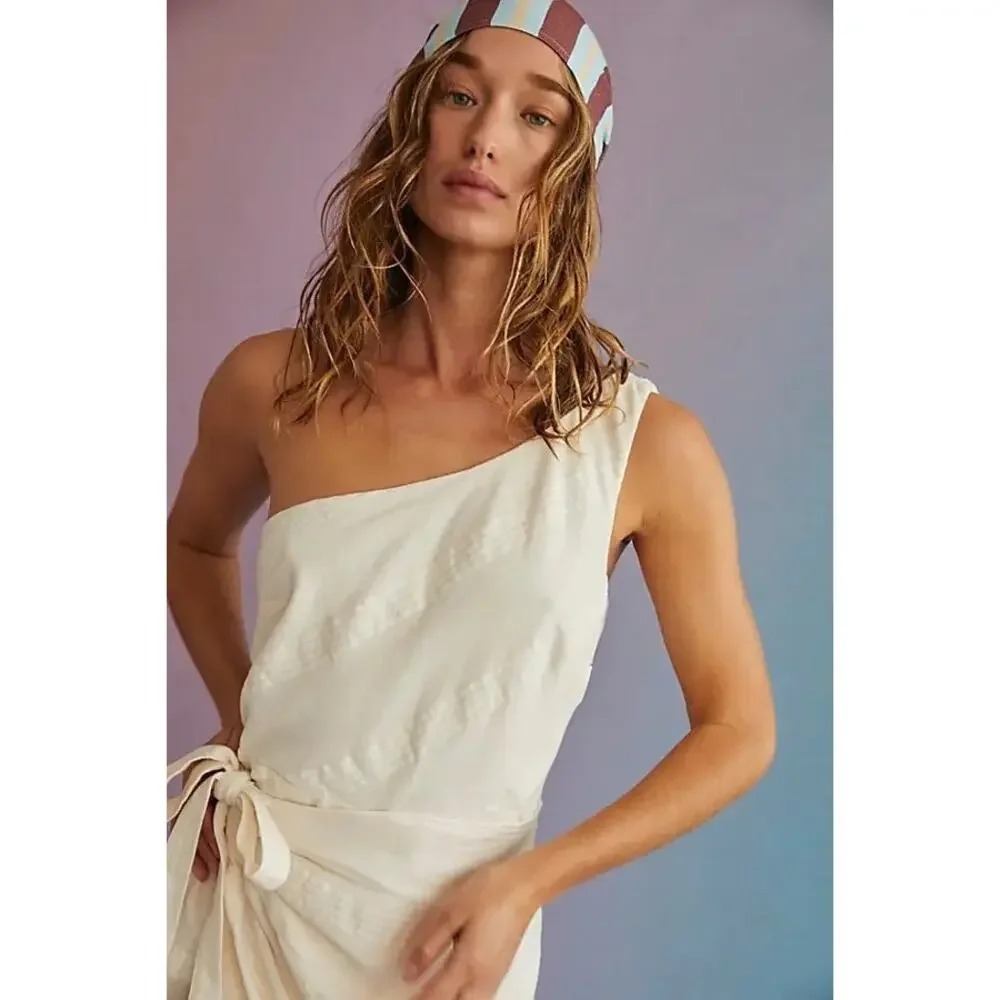 New FREE PEOPLE At Leisure Midi Wrap Dress ONE SHOULDER $98 SMALL Wet Plaster